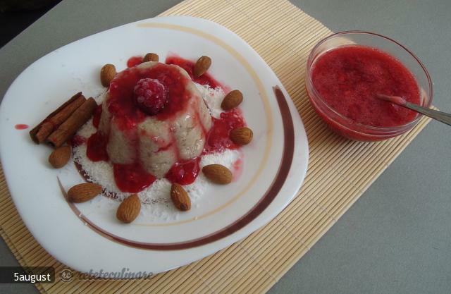 Cereal Pudding with Tapioca Sauce and Raspberries