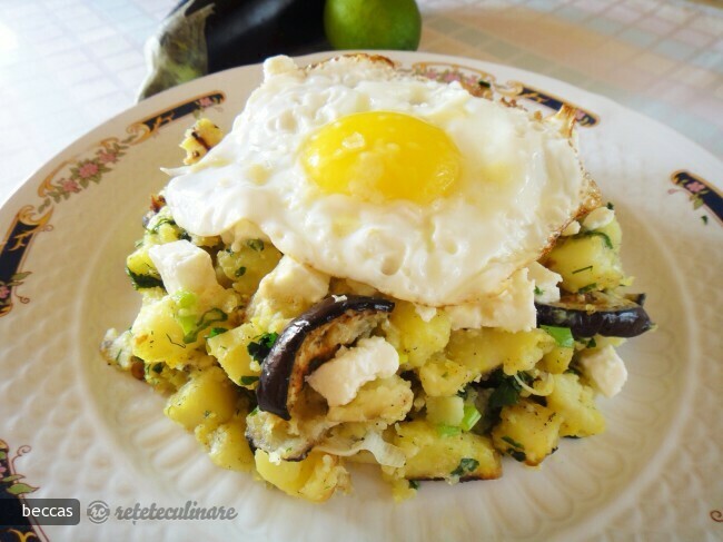 Potatoes with Eggplant, Feta, and Egg